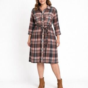 NEW Baacal Anthropologie Lauren Plaid Shirt Dress Womens‎ 1X Midi Belted Button